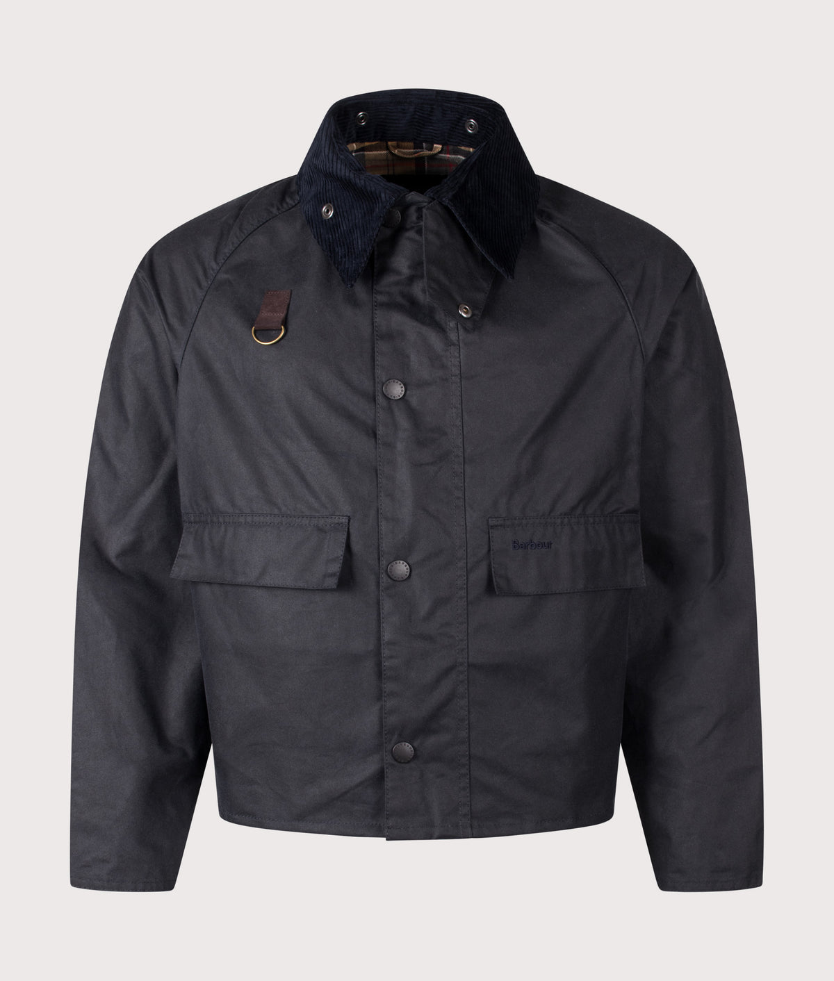 Barbour Lifestyle Cropped Spey Wax Jacket in Navy at EQVVS Menswear. Front shot.