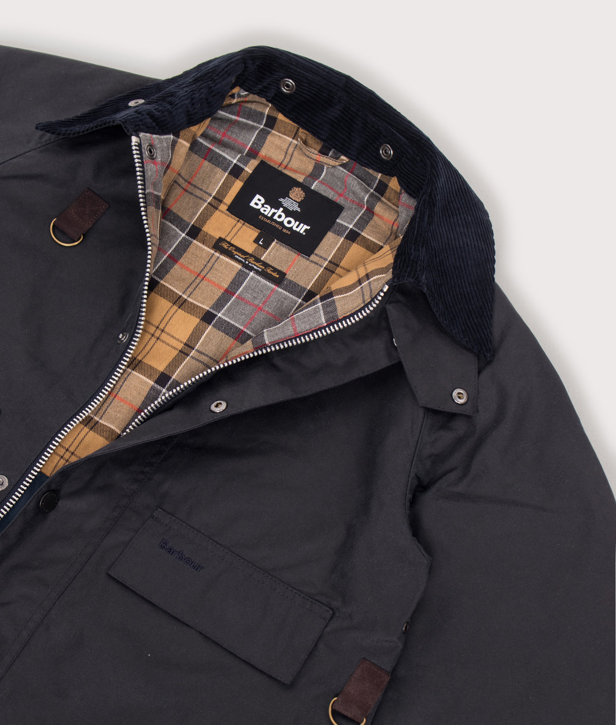Barbour Lifestyle Cropped Spey Wax Jacket in Navy at EQVVS Menswear. Lining shot.