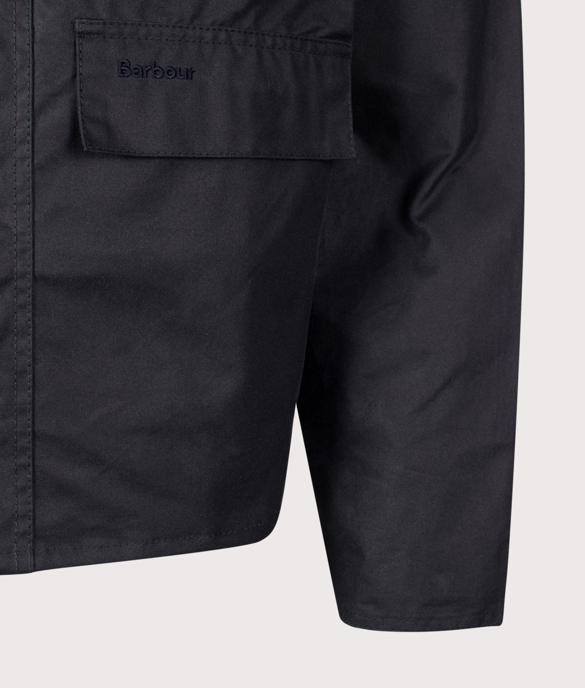 Barbour Lifestyle Cropped Spey Wax Jacket in Navy at EQVVS Menswear. Detail shot.