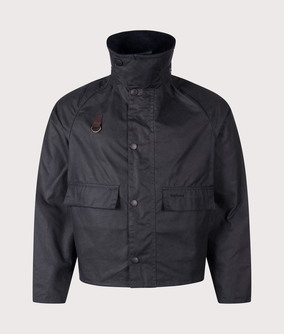 Barbour Lifestyle Cropped Spey Wax Jacket in Navy at EQVVS Menswear. Collar up shot.