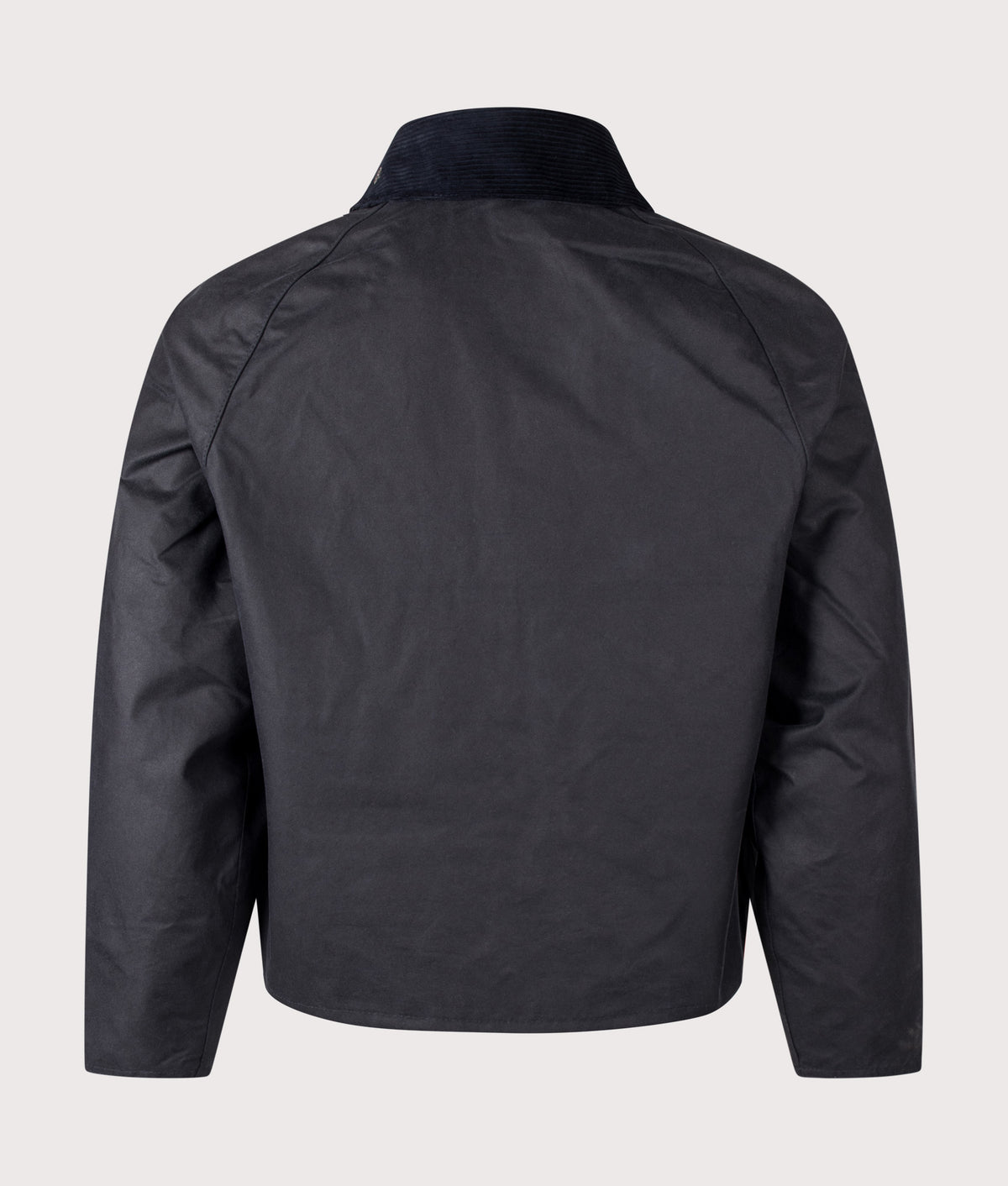 Barbour Lifestyle Cropped Spey Wax Jacket in Navy at EQVVS Menswear. Back shot.