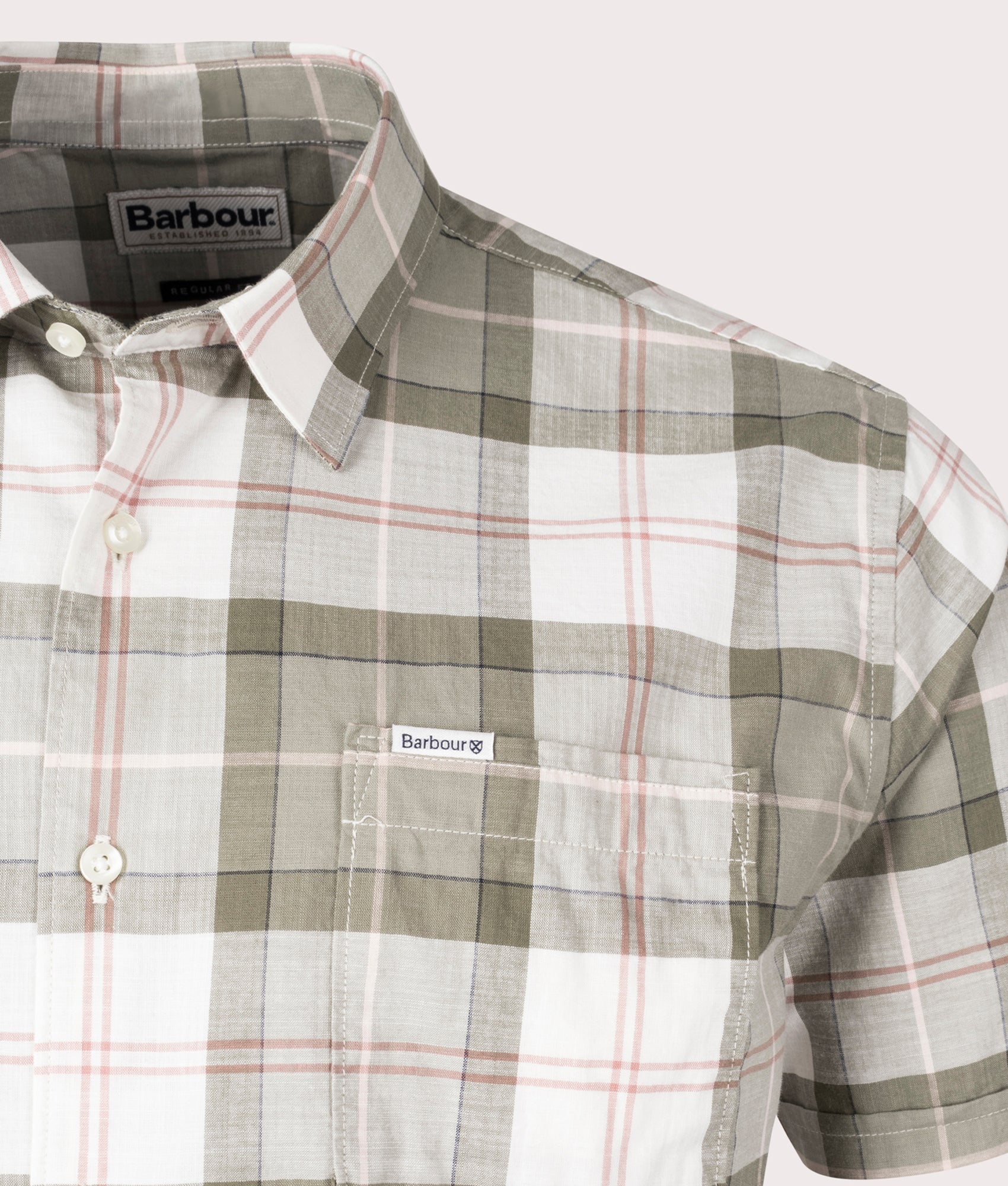 Short Sleeve Gordon Shirt in Glenmore Olive Tartan by Barbour Lifestyle. EQVVS Detail Shot.