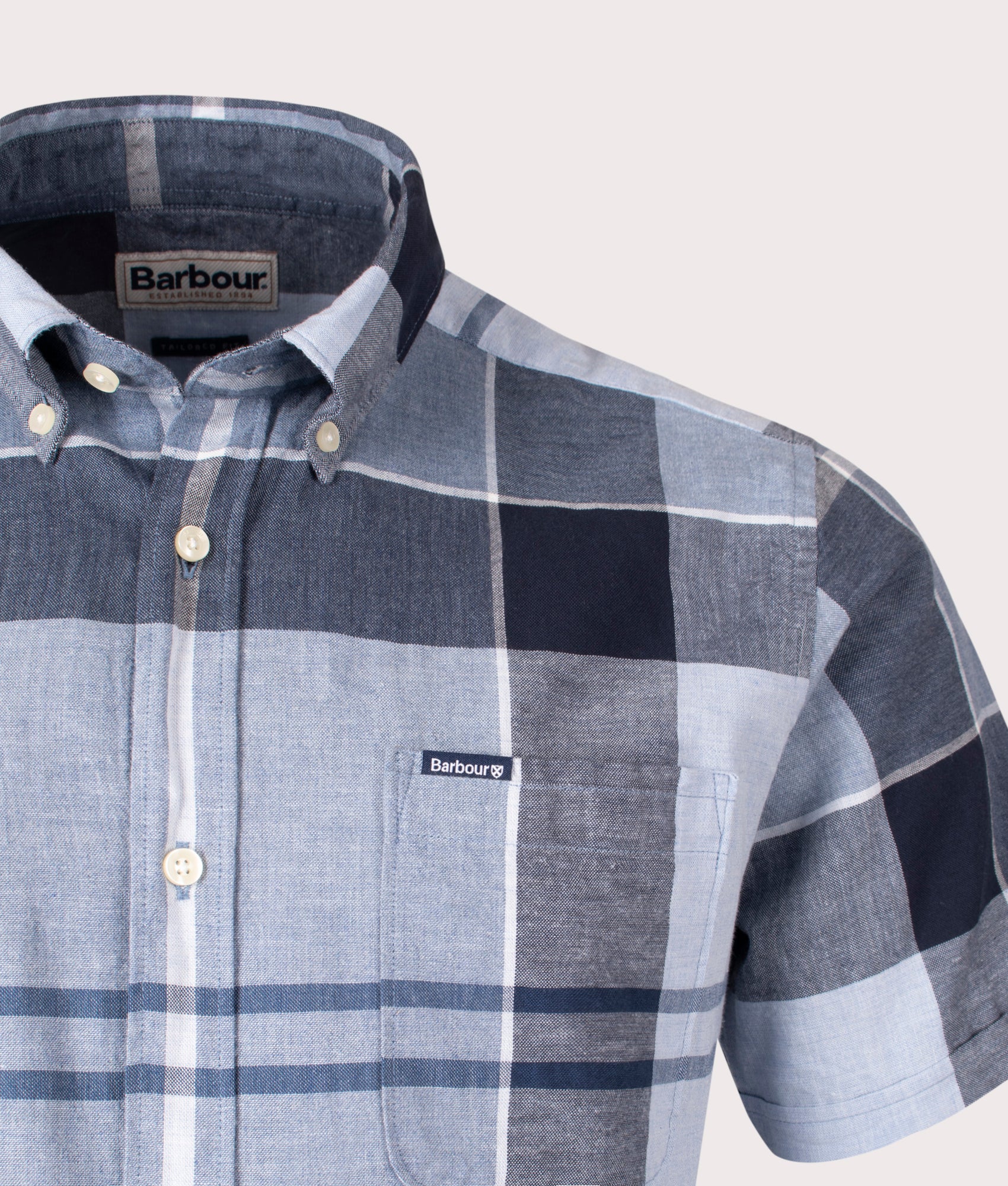 Barbour Lifestyle Doughill Short Sleeve Shirt in Berwick Blue Tartan Detail Shot at EQVVS