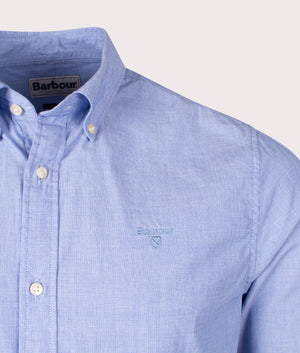 Barbour Lifestyle Tonal Crest Poplin Tailored Shirt in Sky Blue, 100% Cotton Detail Shot at EQVVS