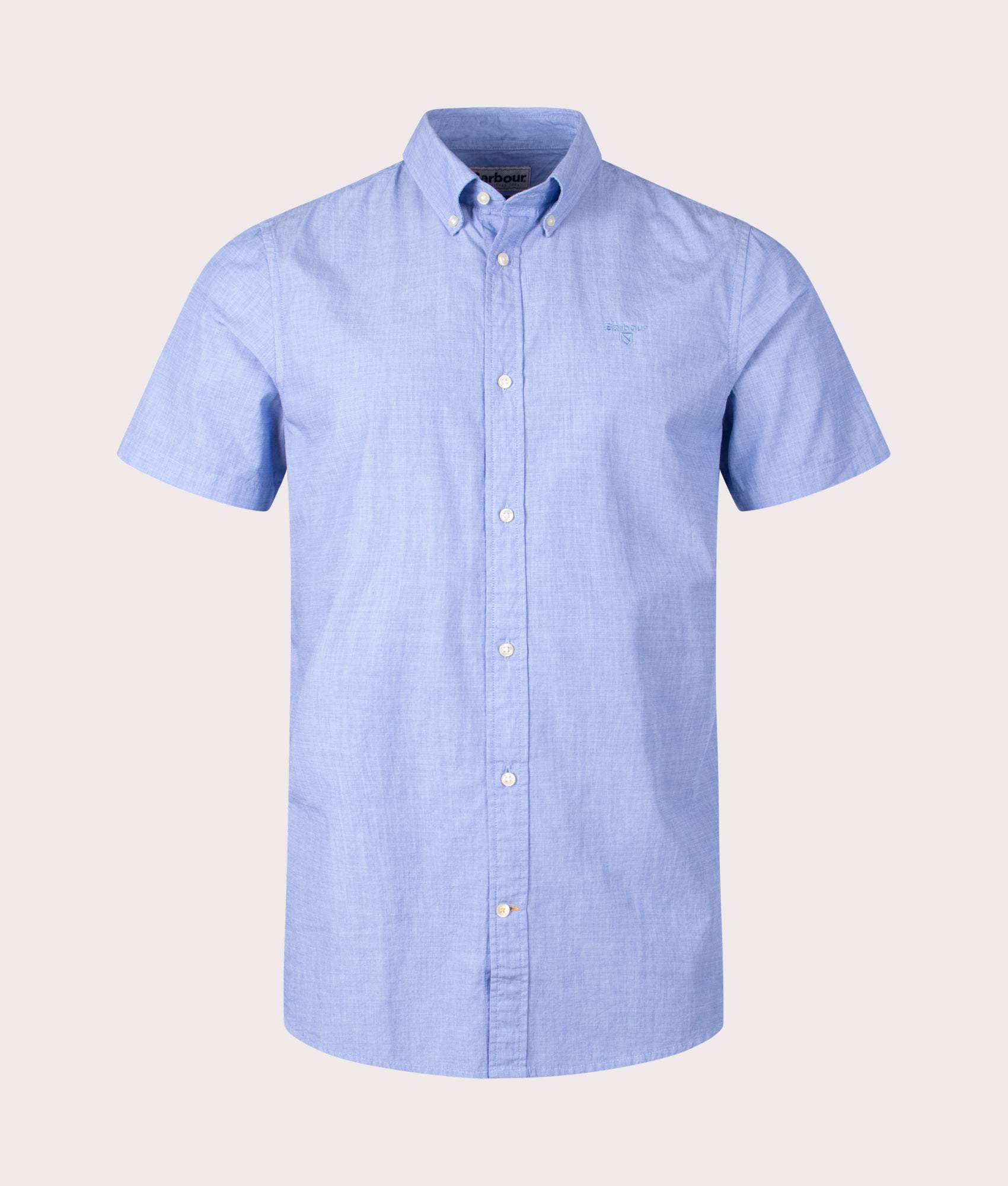 Barbour Lifestyle Crest Poplin Short Sleeve Tailored Shirt in Sky Blue, 100% Cotton Front Shot at EQVVS