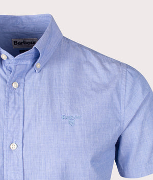 Barbour Lifestyle Crest Poplin Short Sleeve Tailored Shirt in Sky Blue, 100% Cotton Detail Shot at EQVVS