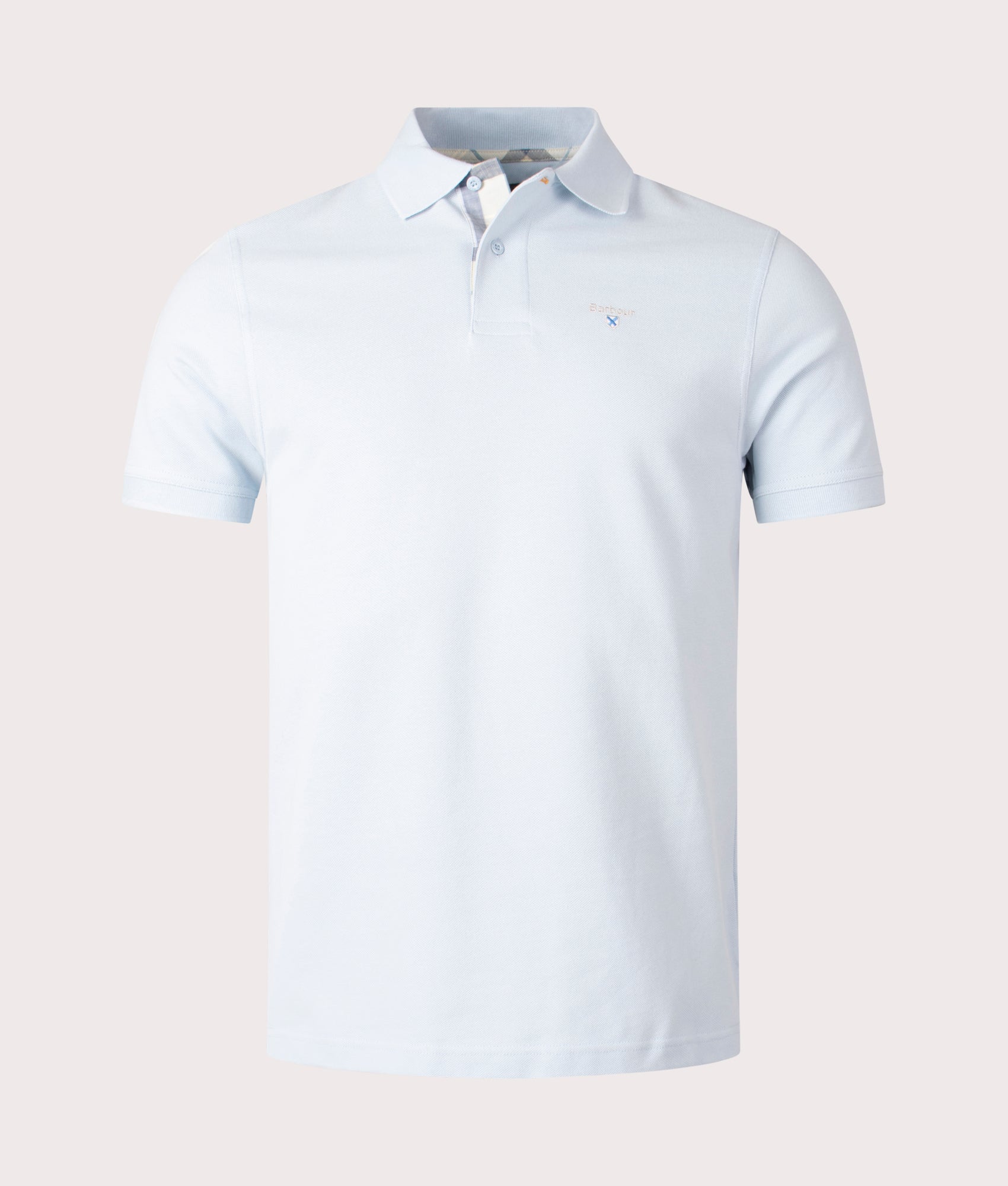 Barbour Lifestyle Tartan Pique Polo Shirt in Niagara Mist Blue 100% Cotton with Tartan Trim Front Shot at EQVVS