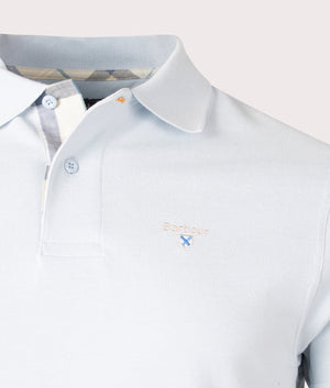 Barbour Lifestyle Tartan Pique Polo Shirt in Niagara Mist Blue 100% Cotton with Tartan Trim Detail Shot at EQVVS