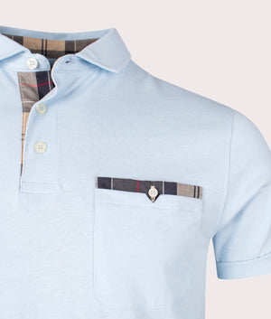 Corpatch Polo Shirt in Sky by Barbour. EQVVS Detail Shot.