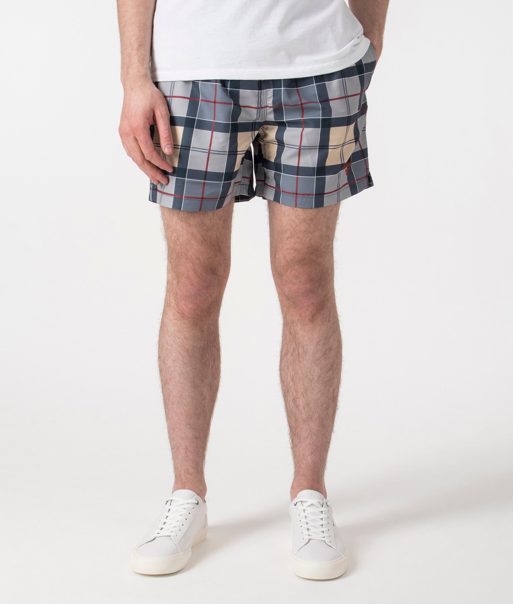 Barbour Staple Tartan Swim Shorts in Dress Tartan at EQVVS. Front Shot.