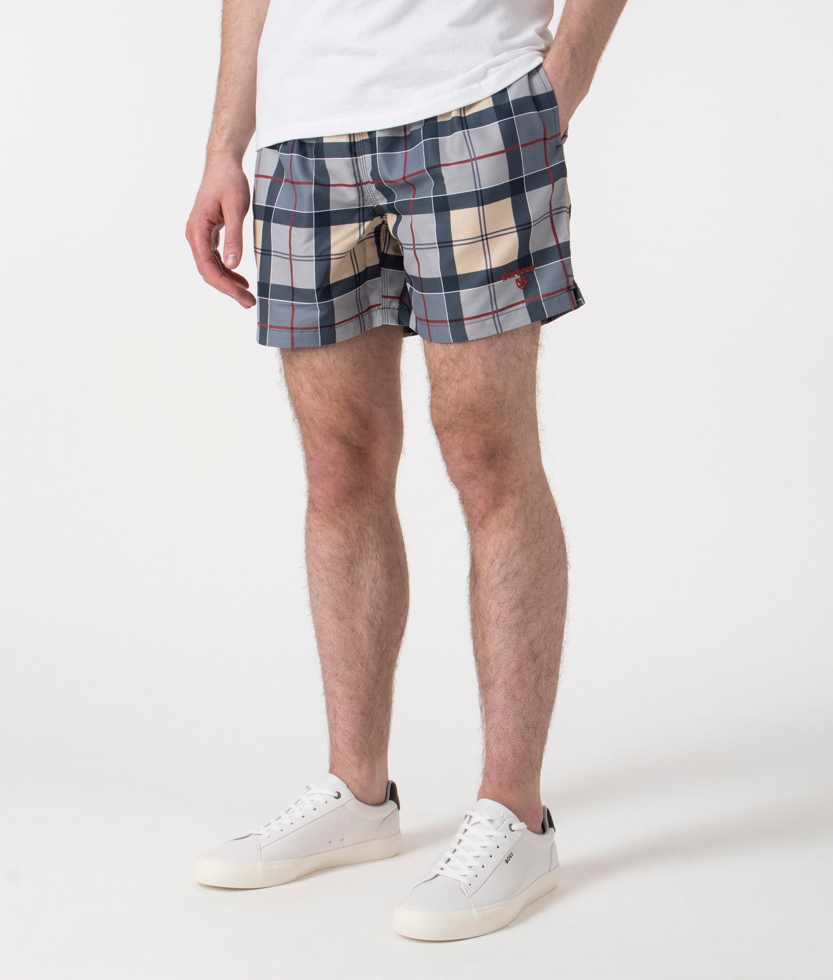 Barbour Staple Tartan Swim Shorts in Dress Tartan at EQVVS. Angle Shot.
