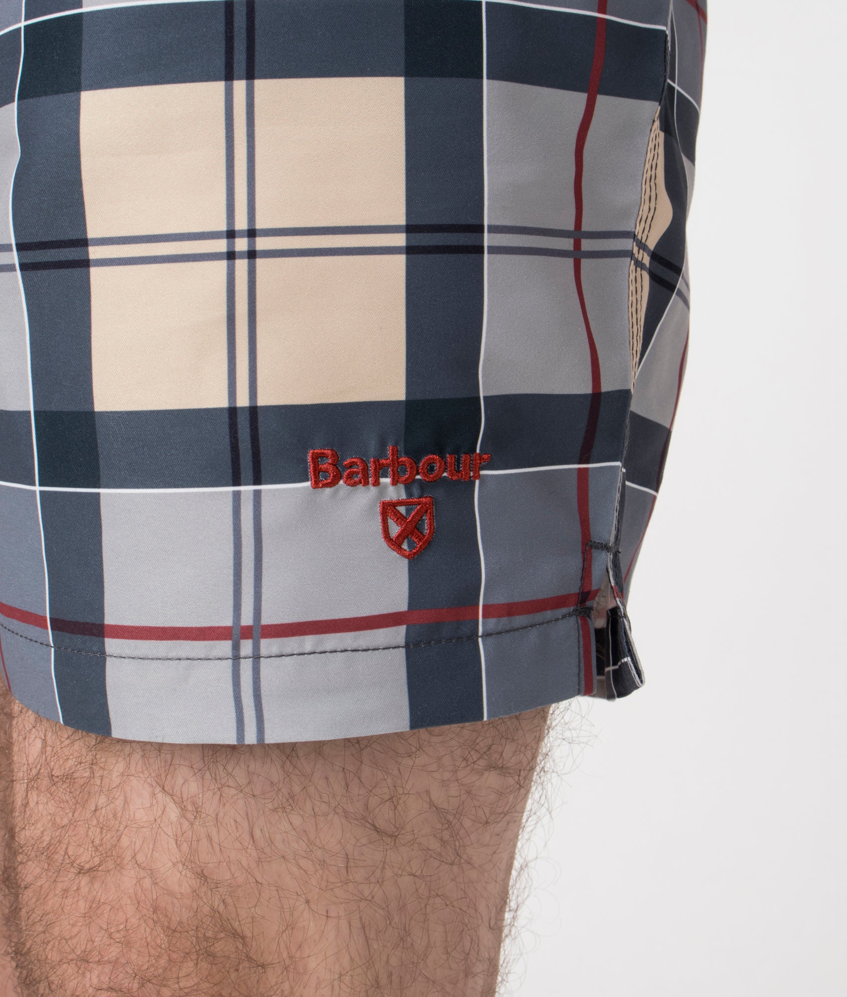 Barbour Staple Tartan Swim Shorts in Dress Tartan at EQVVS. Detail Shot.