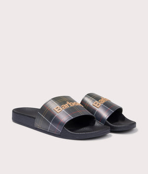 Barbour Tartan Beach Sliders in Black Tartan, 100% Polyurethan Angle Shot at EQVVS