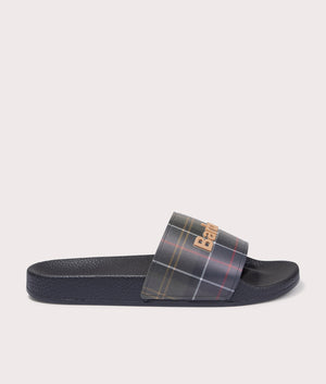 Barbour Tartan Beach Sliders in Black Tartan, 100% Polyurethane Side Shot at EQVVS