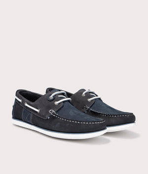 Barbour Wake Boat Shoes in Blue & Black, 50% Leather and Suede Angle Shot at EQVVS