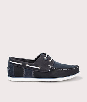 Barbour Wake Boat Shoes in Blue & Black, 50% Leather and Suede Side Shot at EQVVS
