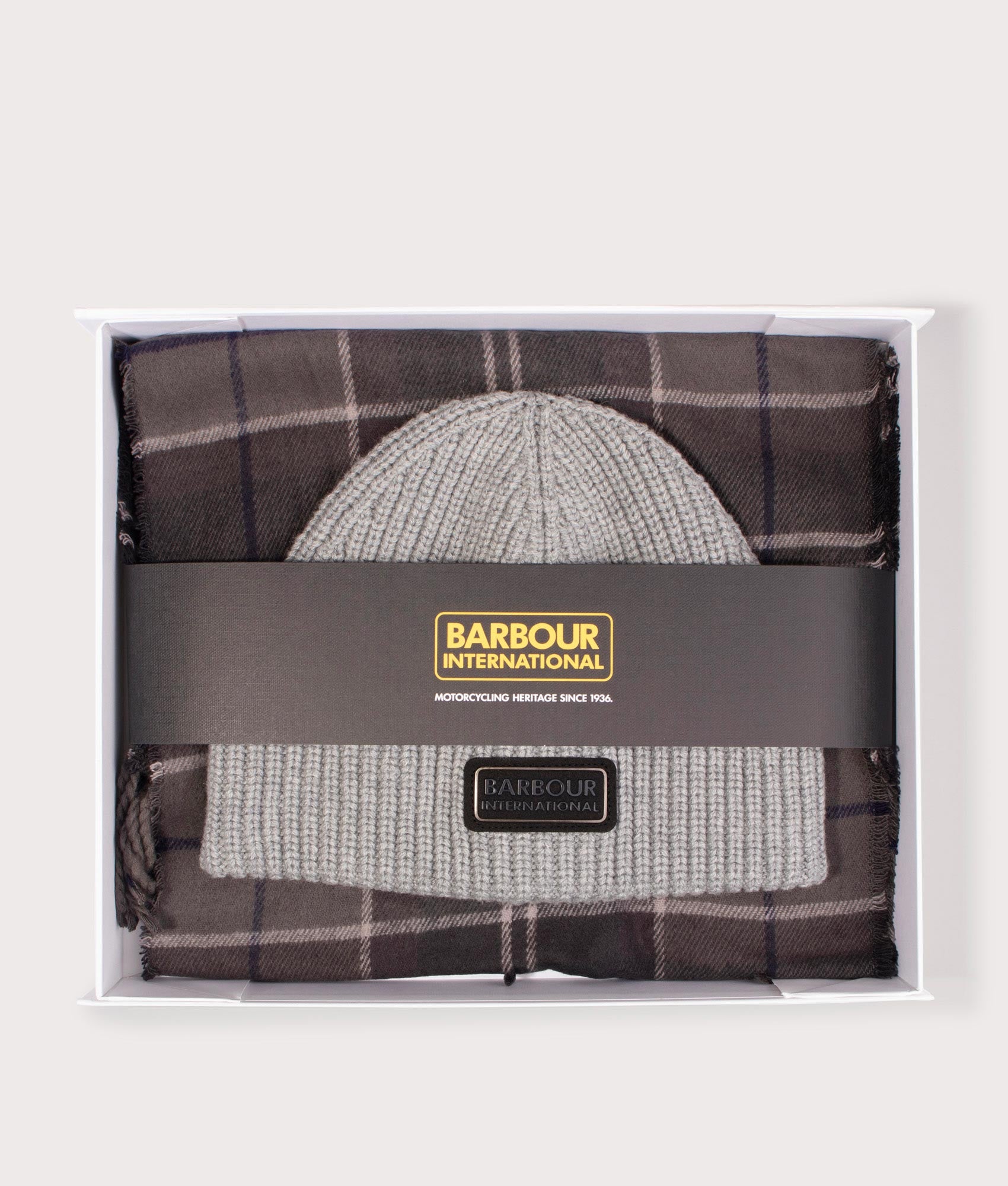 The Sweeper Beanie & Scarf Gift Set in Grey. EQVVS Gift Shot.