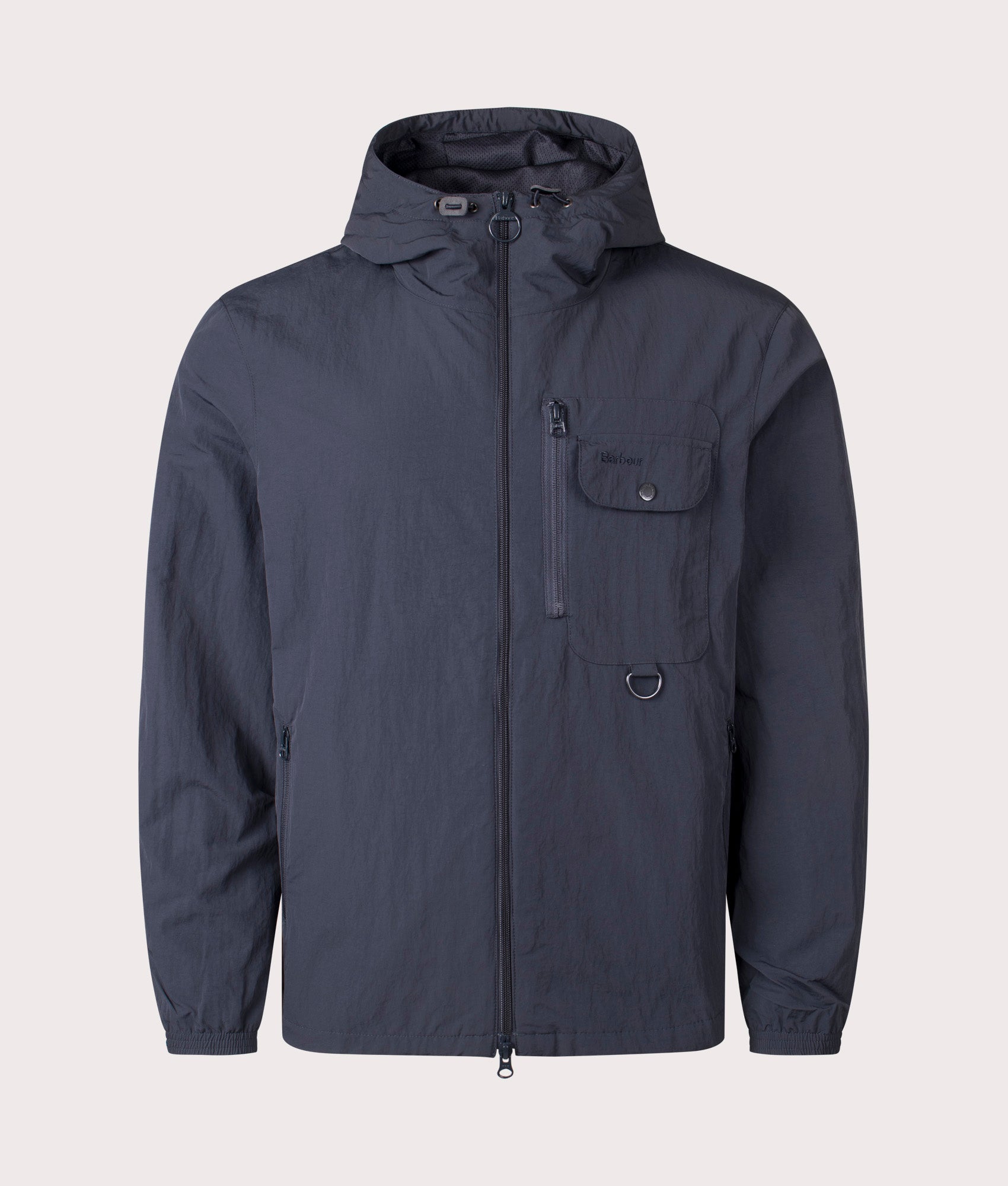 Barbour Lifestyle Angler Showerproof Jacket in Navy. At EQVVS Menswear. Front detail shot.