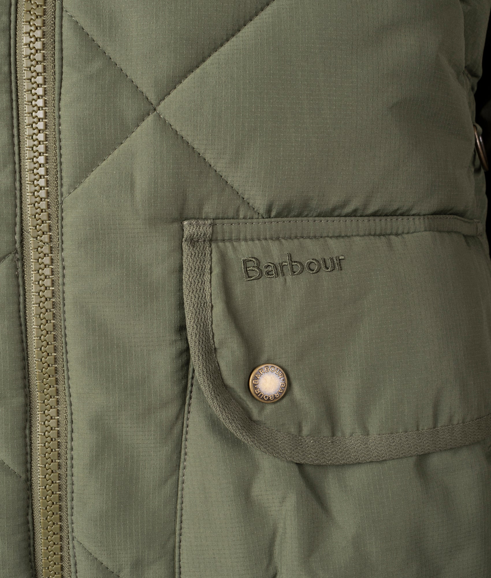 Barbour Lifestyle Angler Quilted Jacket in Fern. At EQVVS Menswear. Front pocket logo shot