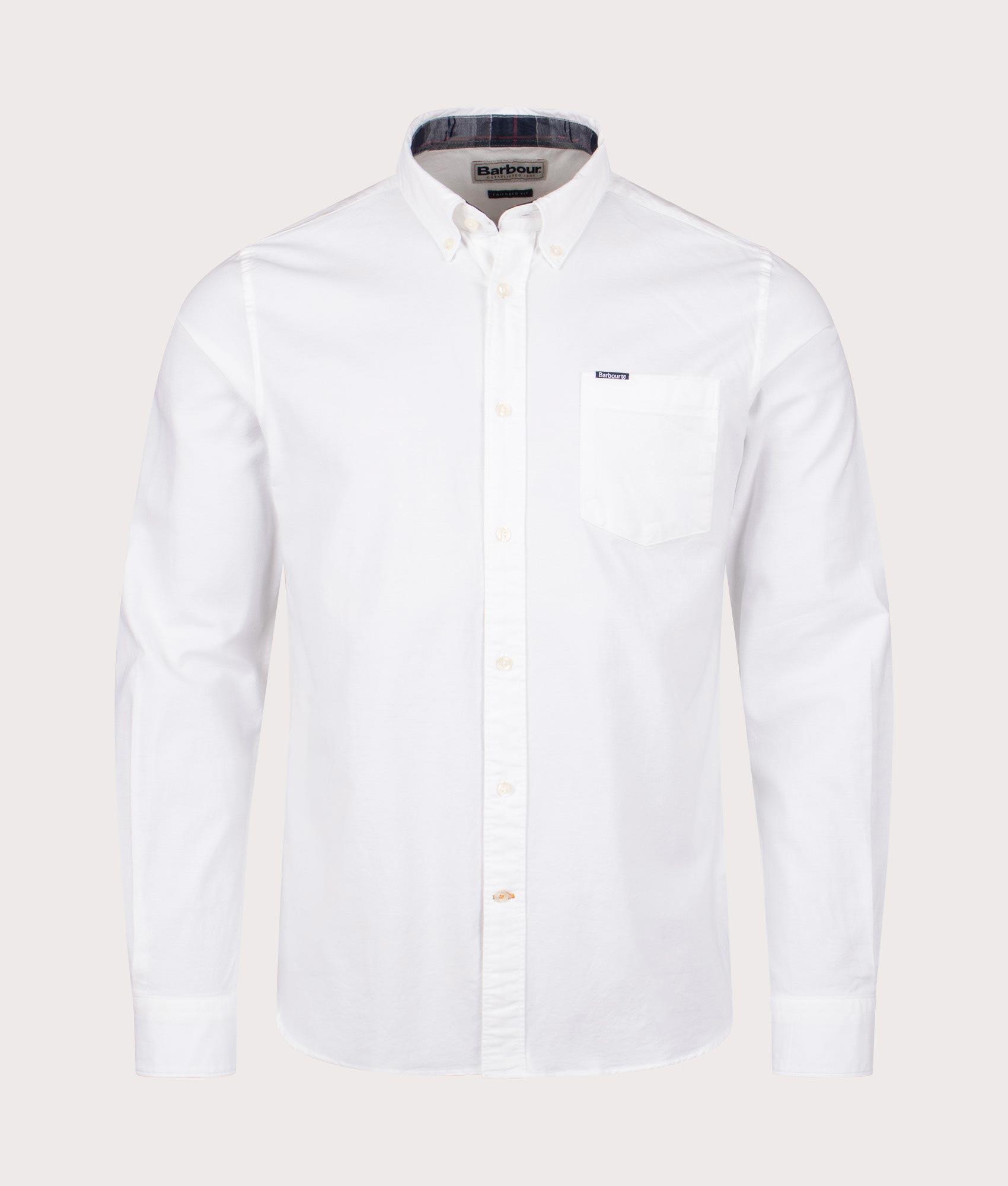 Marsden Oxford Shirt in white by Barbour. shot at EQVVS. Front shot. 
