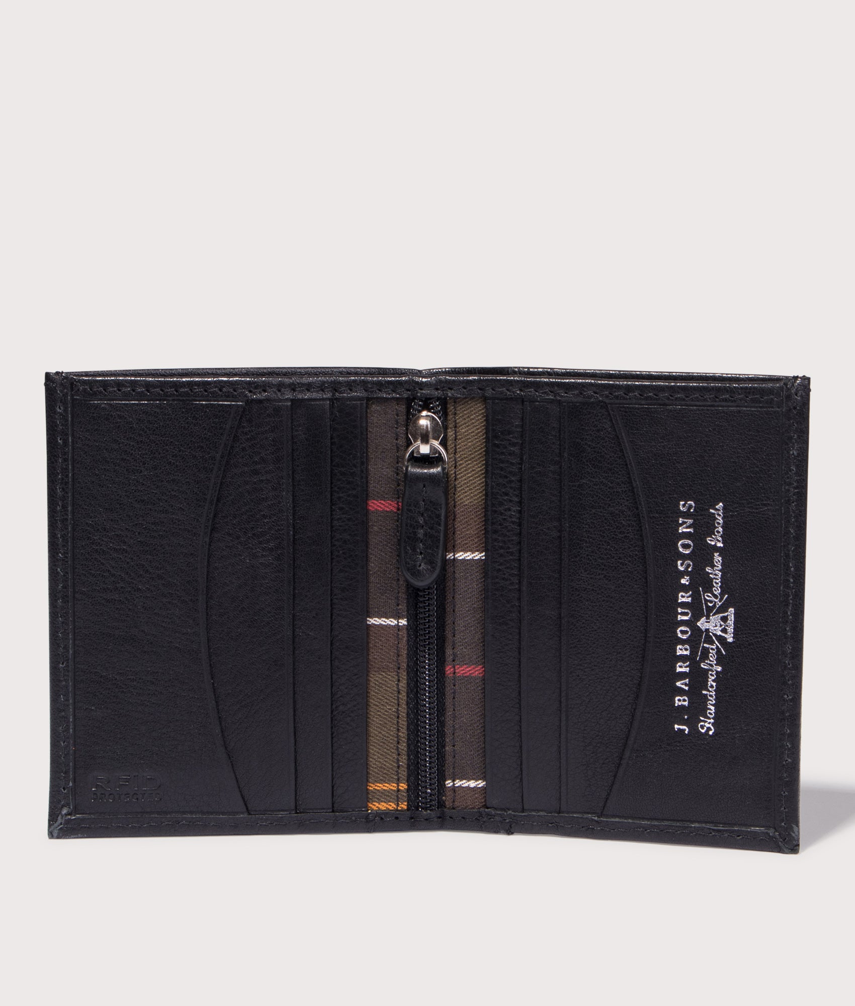 Colwell Leather Billfold Wallet in Black/Classic | Barbour Lifestyle | EQVVS | Open inside shot 