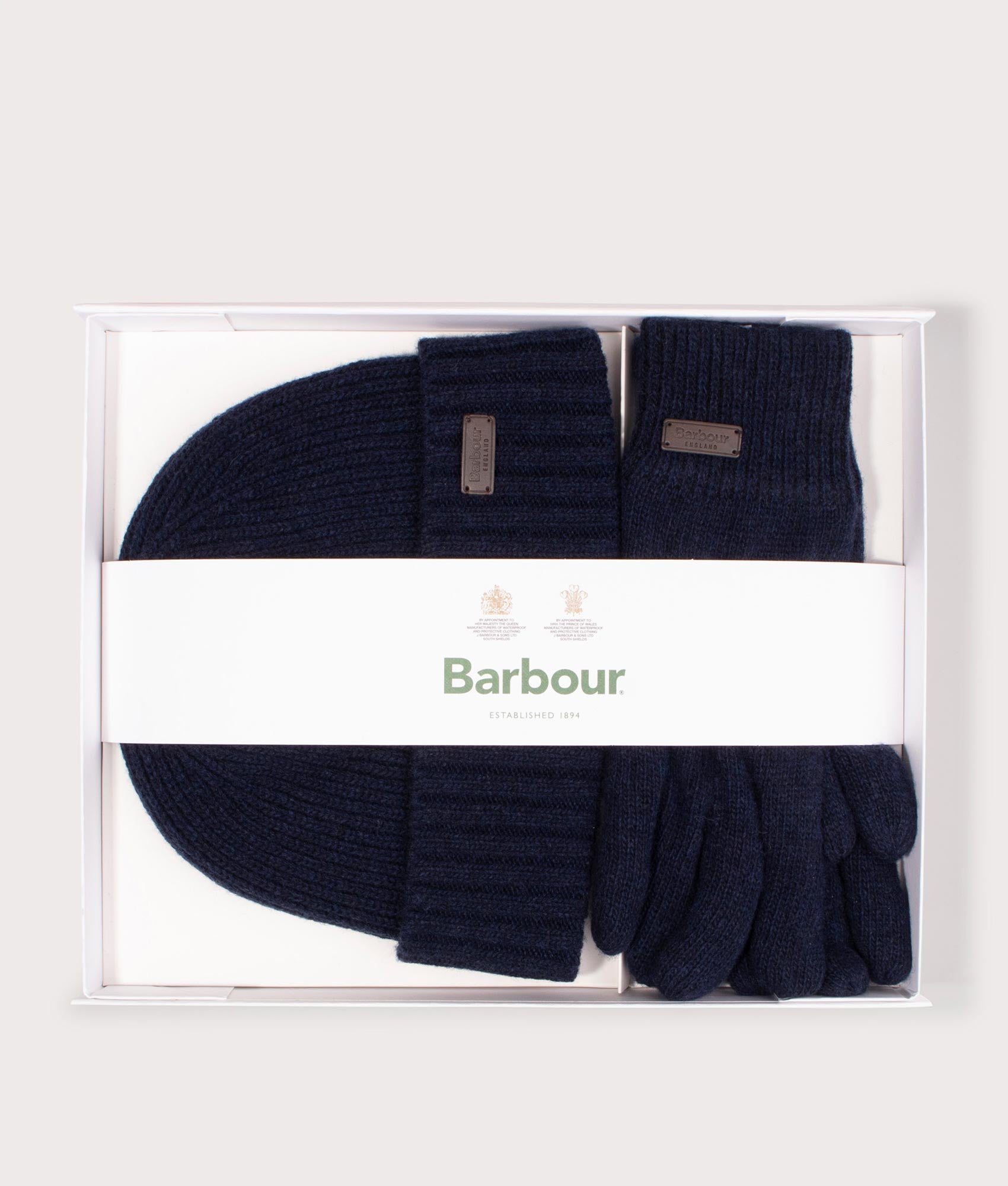 The Carlton Fleck Beanie & Gloves Gift Set in Navy by Barbour. EQVVS Gift Shot.
