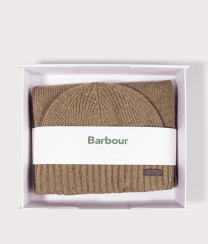 The Carlton Fleck Beanie & Scarf Gift Set in Sandstone by Barbour. EQVVS Gift Shot.