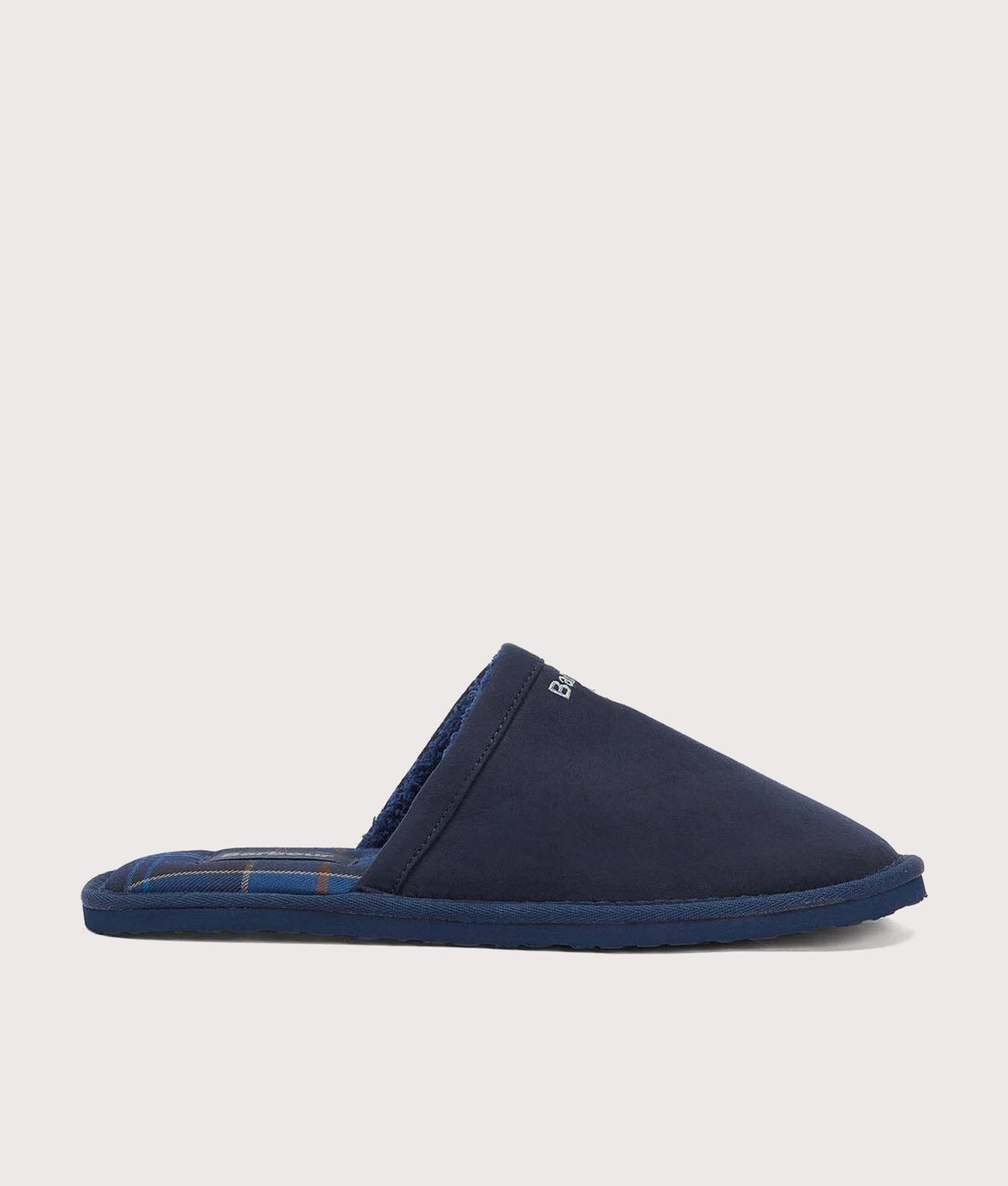 Barbour Lifestyle Everitt Mule Slippers in Navy at EQVVS Menswear. Side shot.