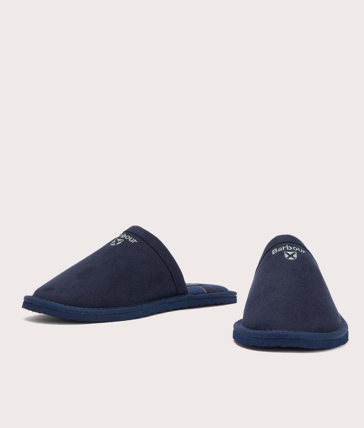 Barbour Lifestyle Everitt Mule Slippers in Navy at EQVVS Menswear. Angled front shot.