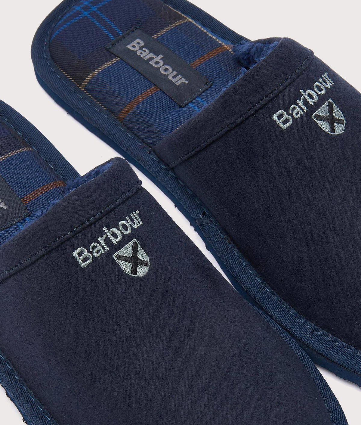 Barbour Lifestyle Everitt Mule Slippers in Navy at EQVVS Menswear. Detail shot.