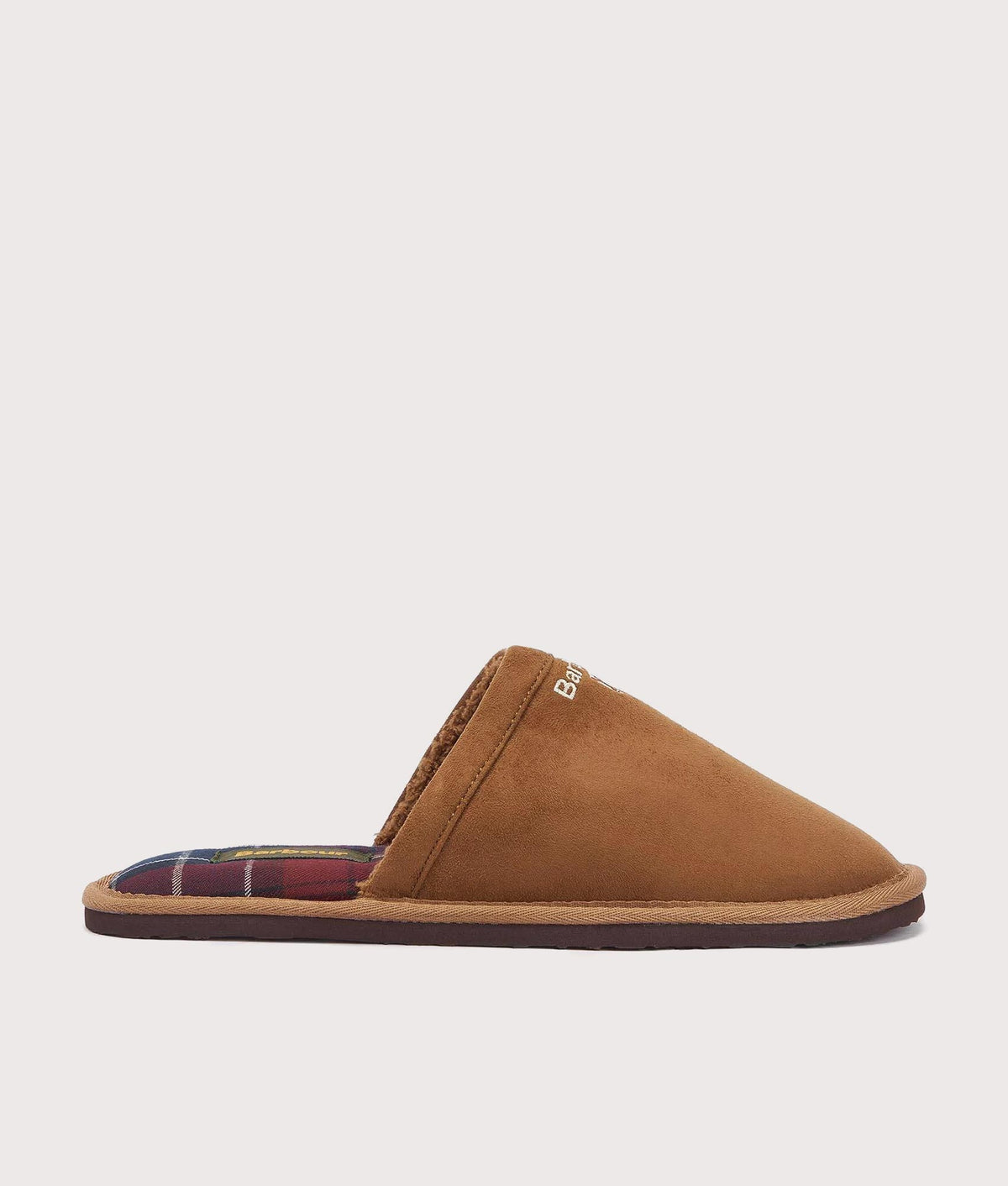 Barbour Lifestyle Everitt Mule Slippers in Camel at EQVVS Menswear. Side shot.