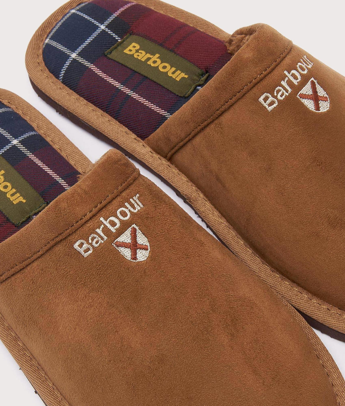 Barbour Lifestyle Everitt Mule Slippers in Camel at EQVVS Menswear. Detail shot.