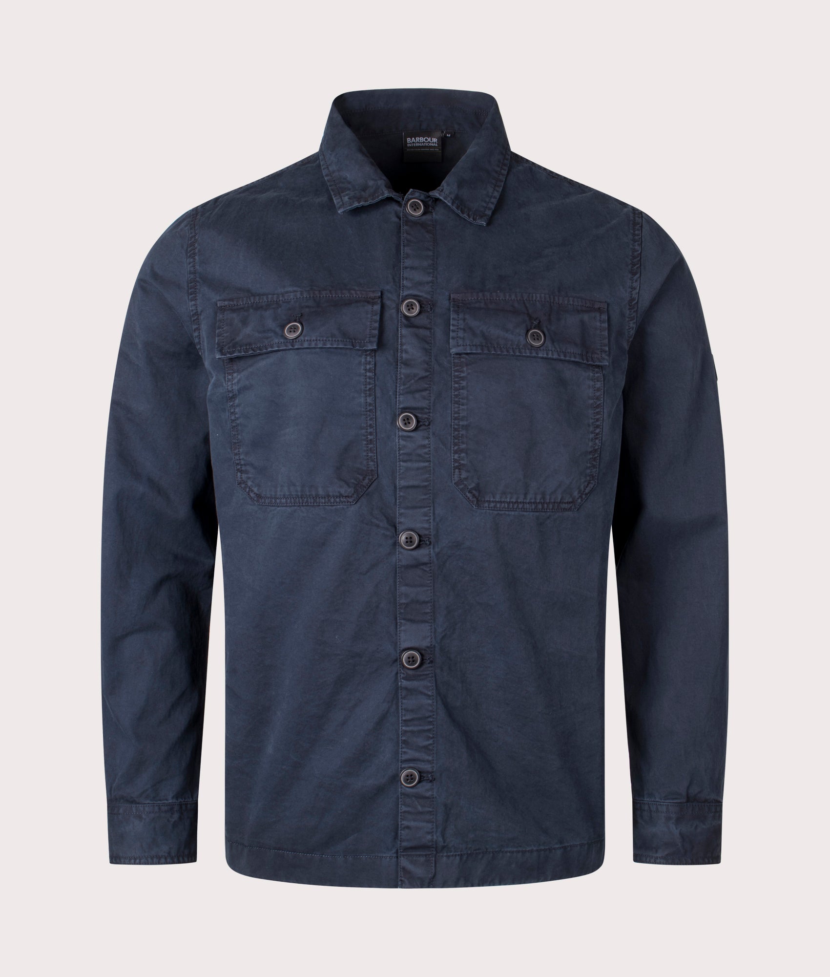 Barbour International Arlo Overshirt in Navy at EQVVS Menswear. Front shot.