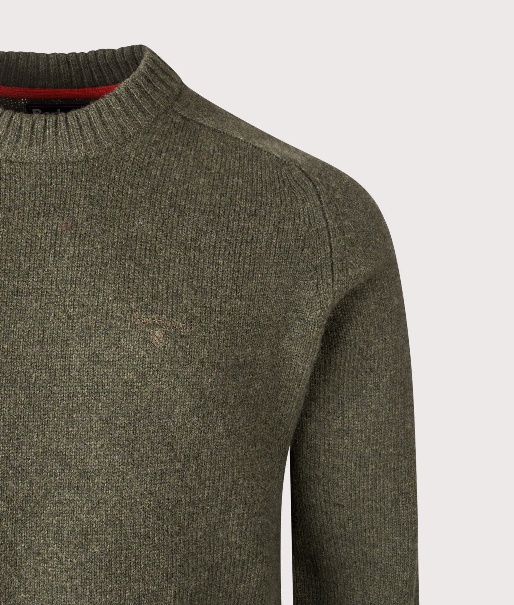 Grangetown Crew Neck Jumper in Mid Olive | Barbour Lifestyle | EQVVS | Front detail shot 