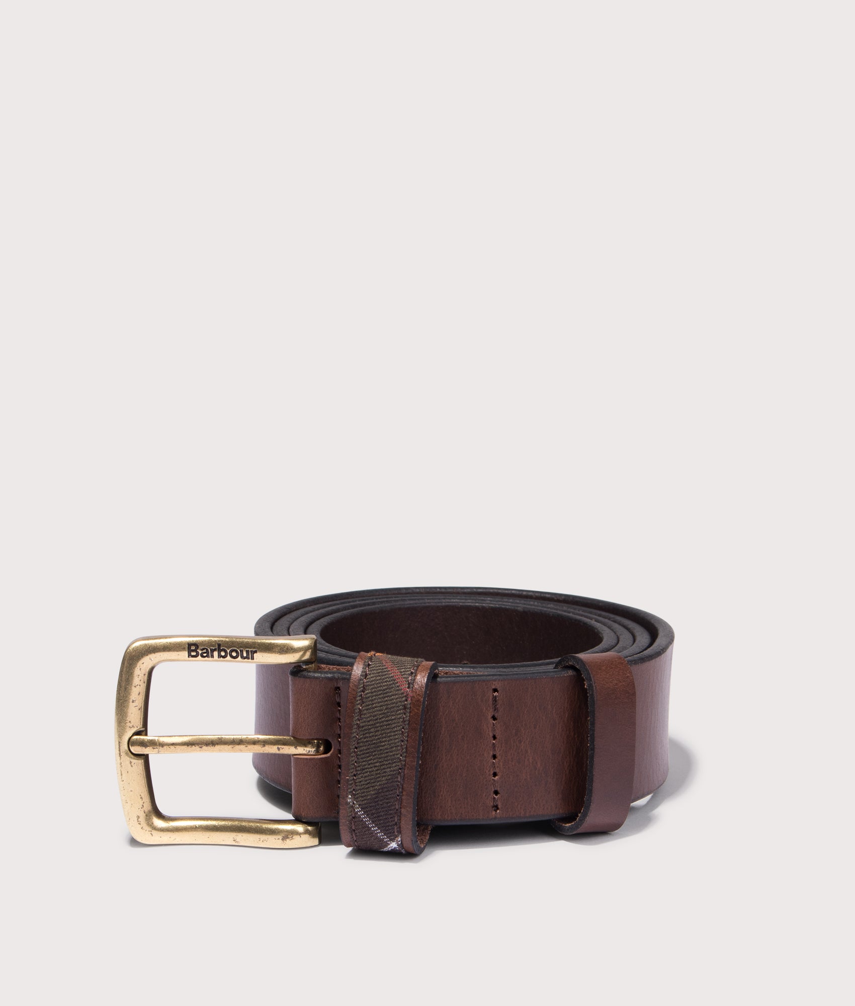 Barbour Esk Leather belt in Brown at EQVVS Menswear. Rolled up shot.