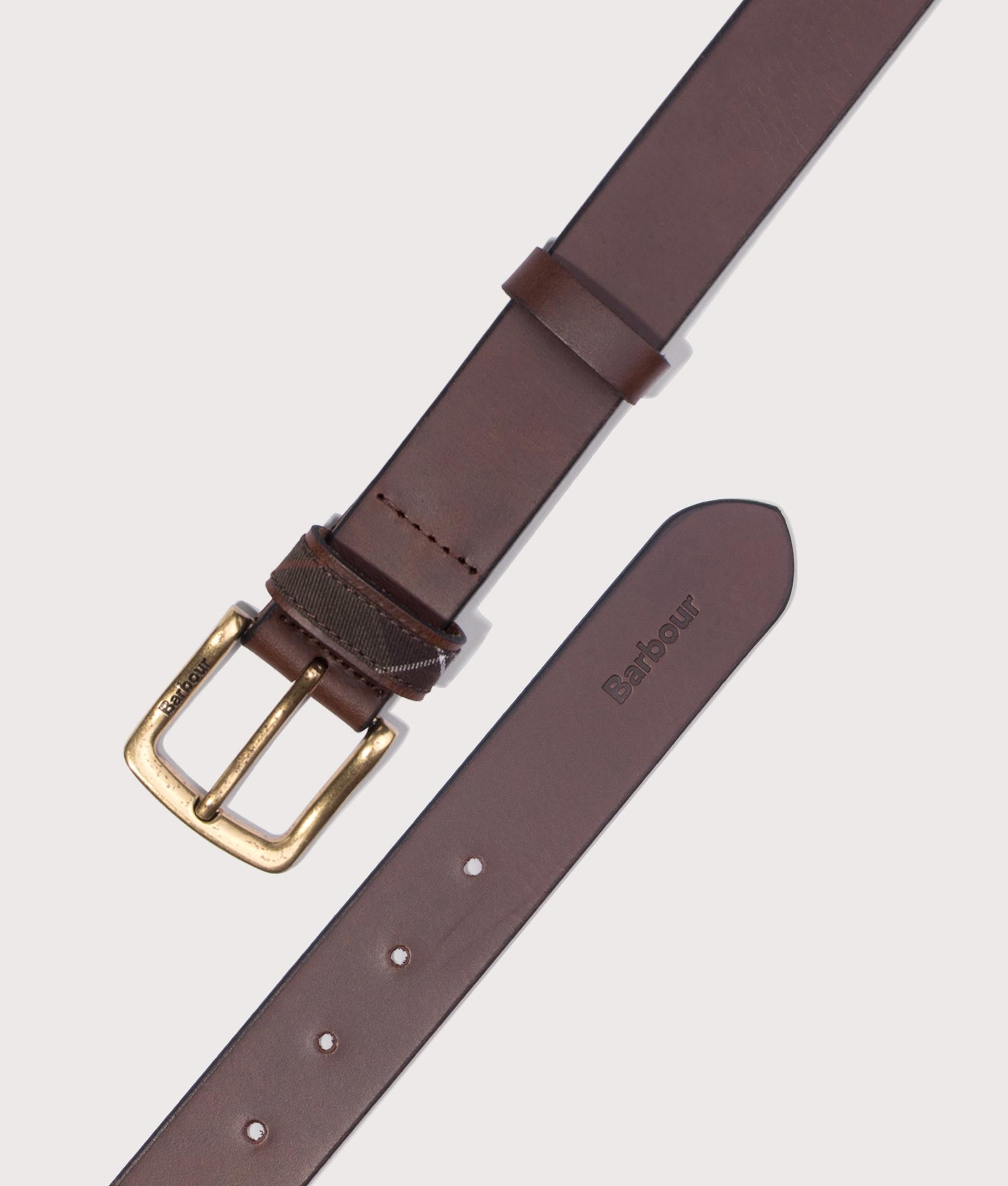 Barbour Esk Leather belt in Brown at EQVVS Menswear. Flat shot.