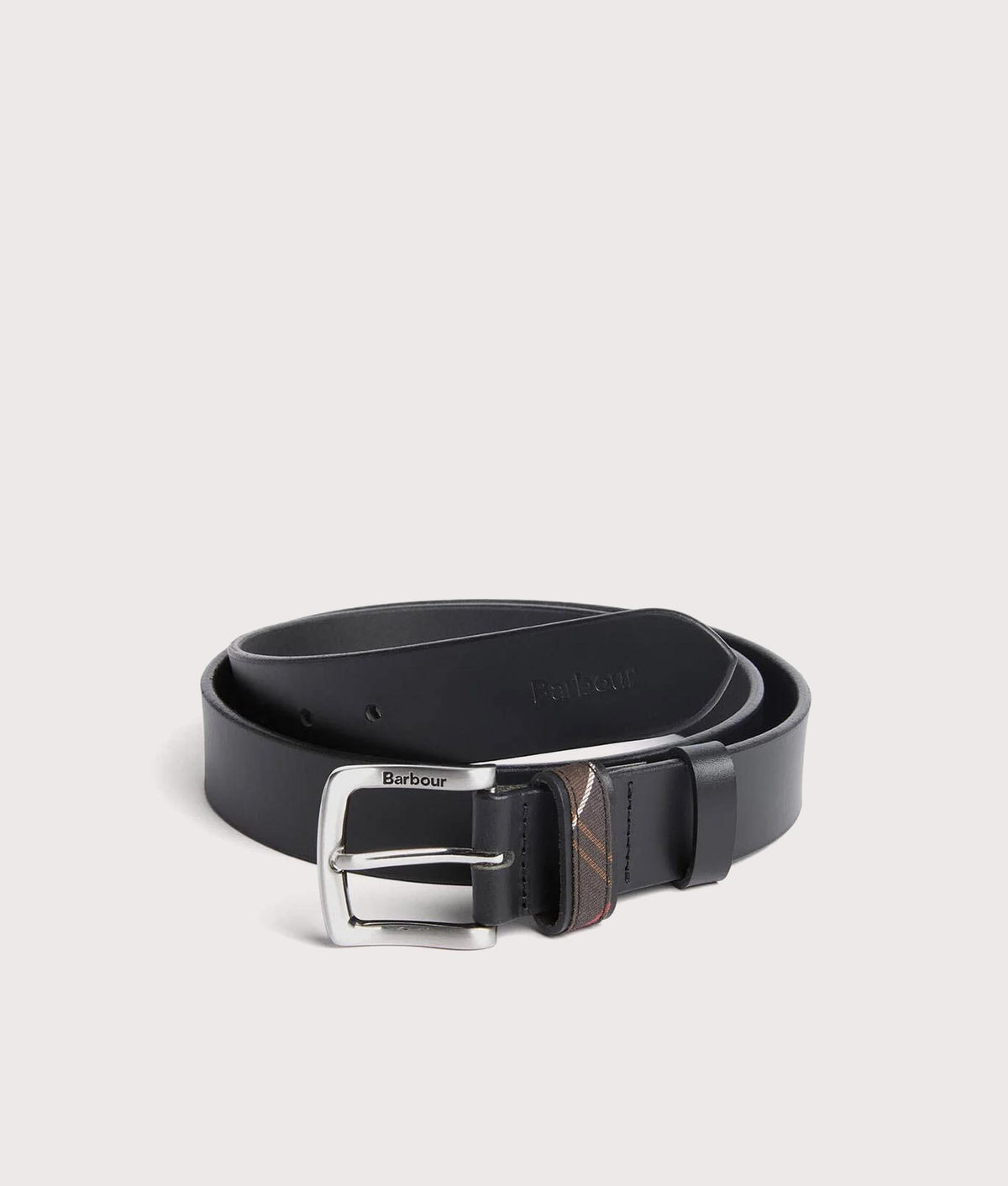 Barbour Lifestyle Esk Leather belt in Black at EQVVS Menswear. Rolled shot.