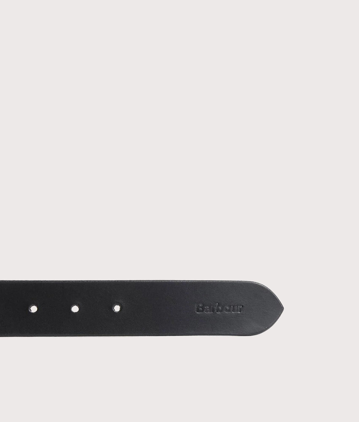 Barbour Lifestyle Esk Leather belt in Black at EQVVS Menswear. Detail shot.