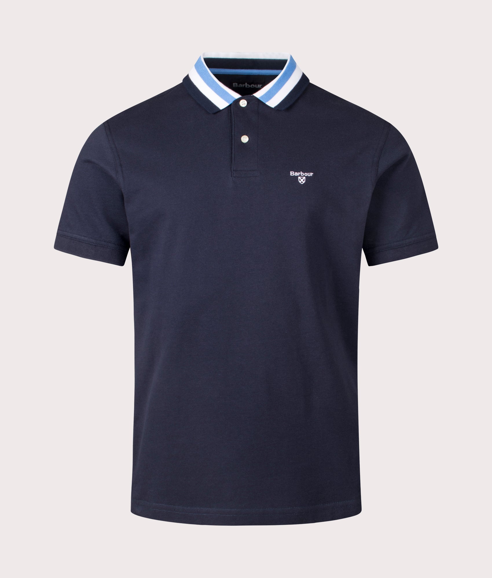 Barbour Hawkesmoor Tipped Polo Shirt in Navy at EQVVS. Front Shot.