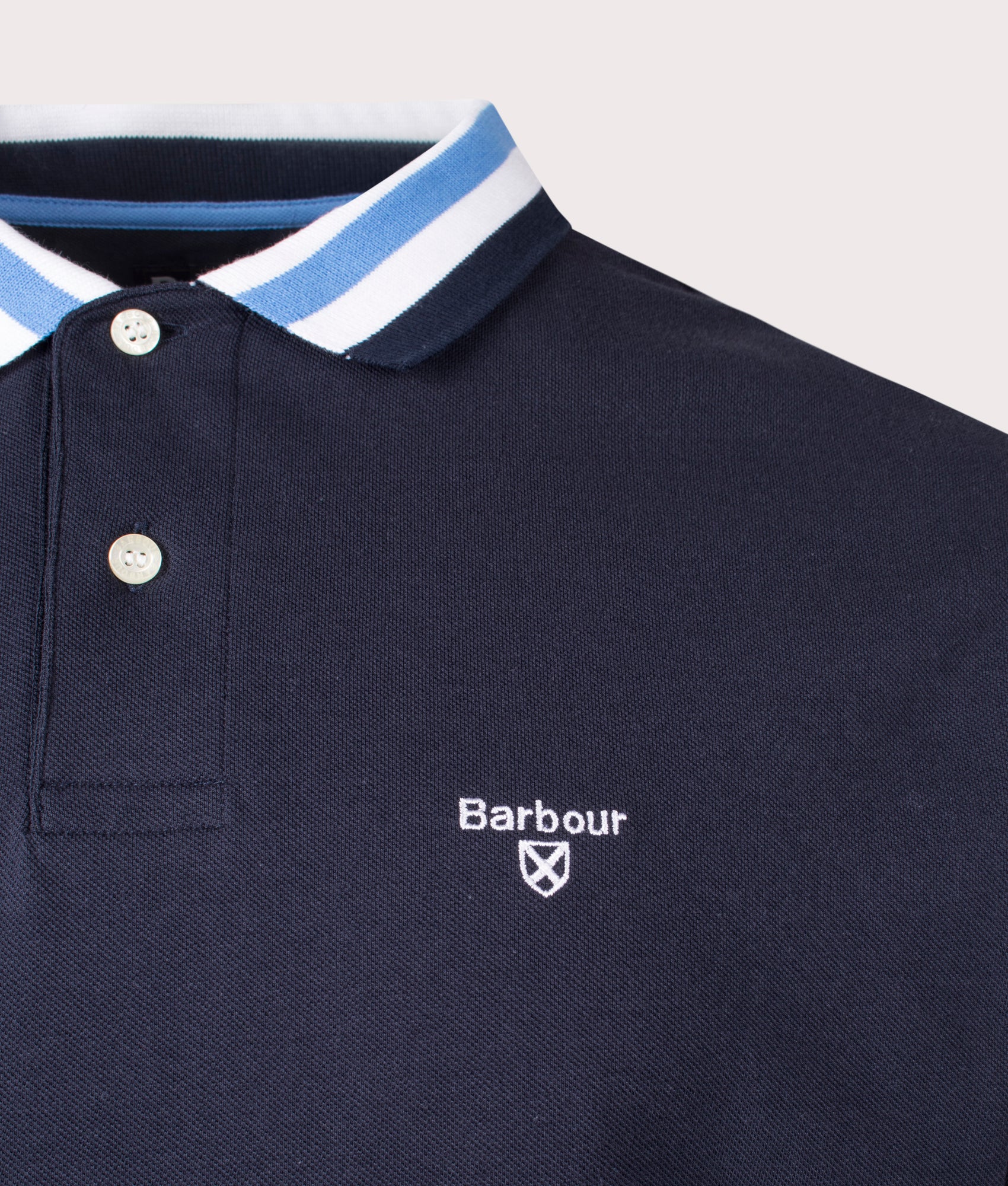 Barbour Hawkesmoor Tipped Polo Shirt in Navy at EQVVS. Detail Shot.