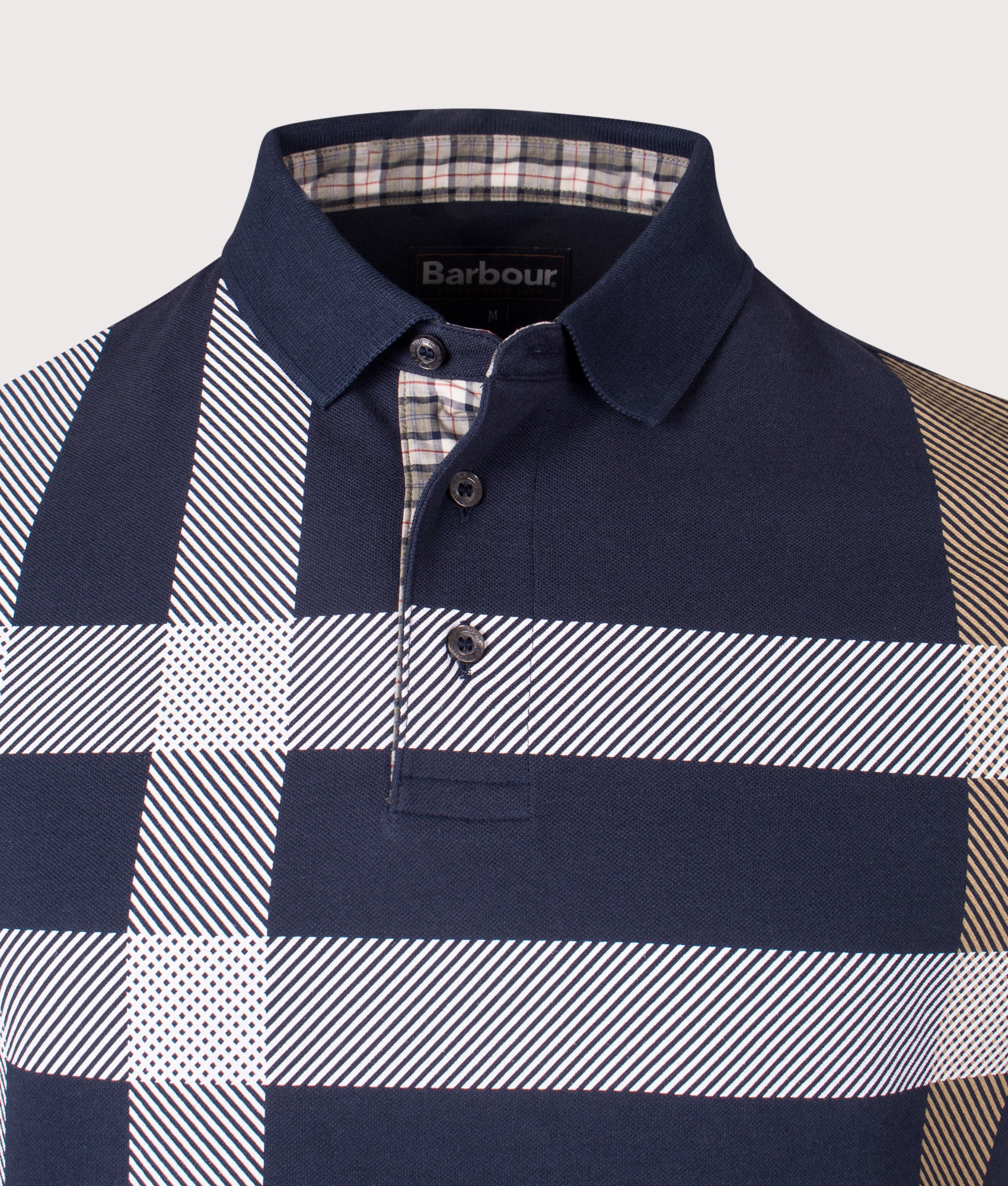 Barbour Blaine Polo Shirt in Navy at EQVVS Menswear. Detail shot.