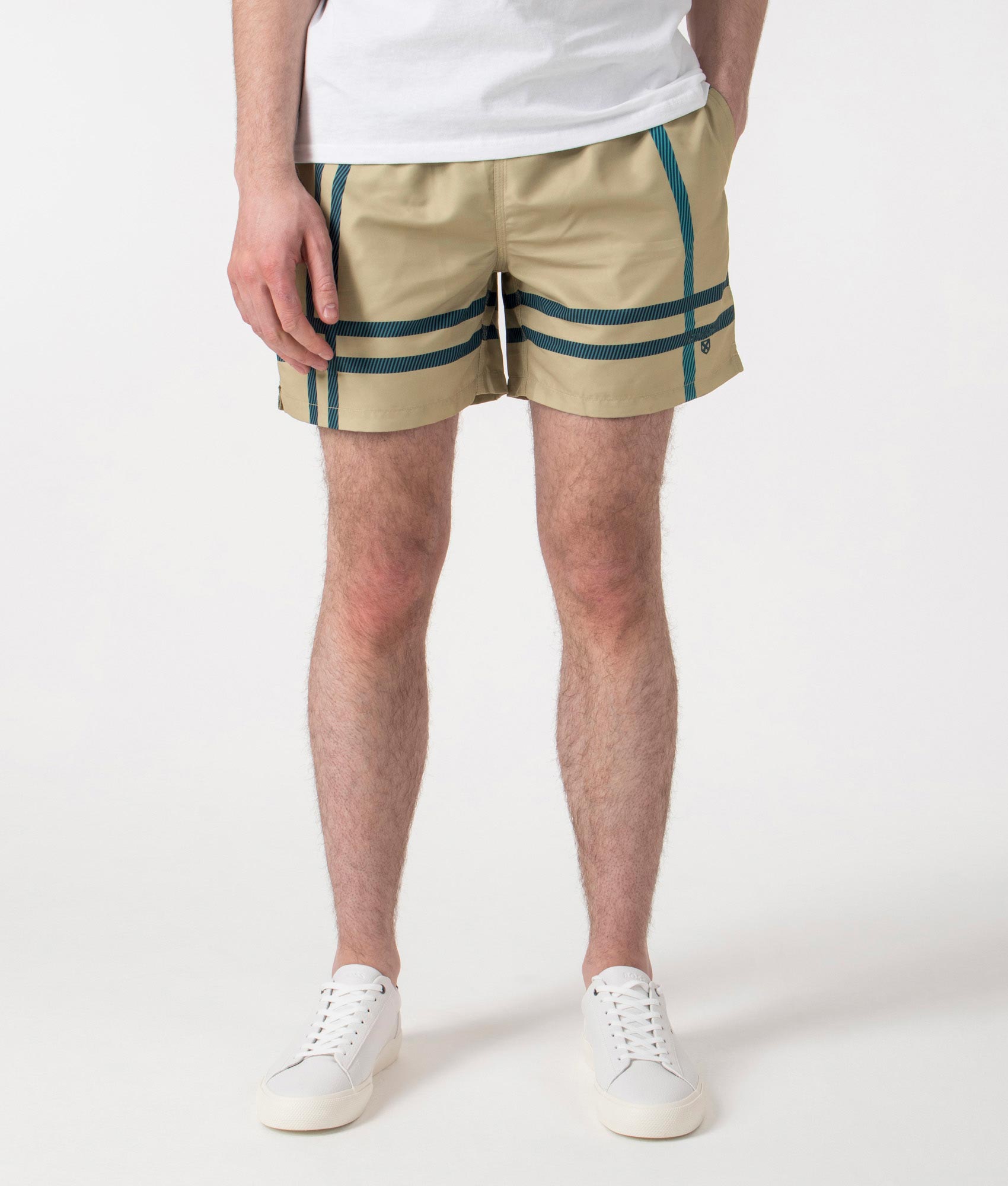 Barbour Twain Swim Shorts in Washed Stone at EQVVS. Front Shot.