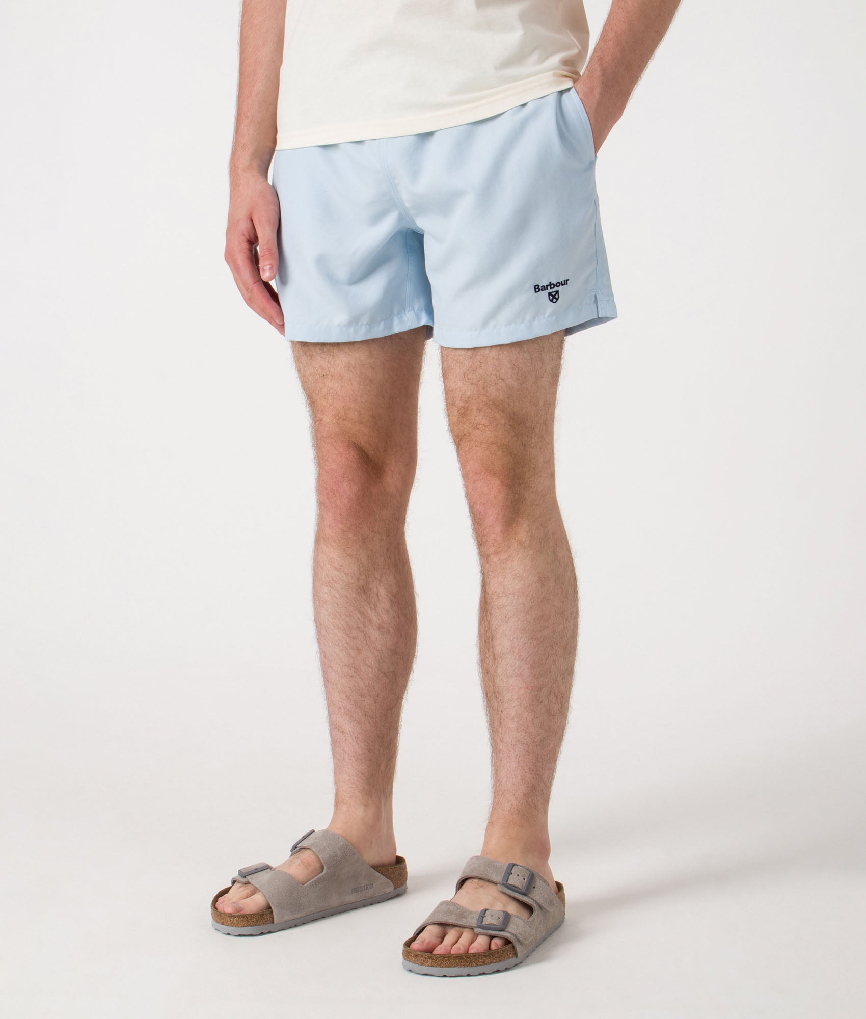 Staple Logo 5' Swim Shorts. Shot by EQVVS. Front detail shot.