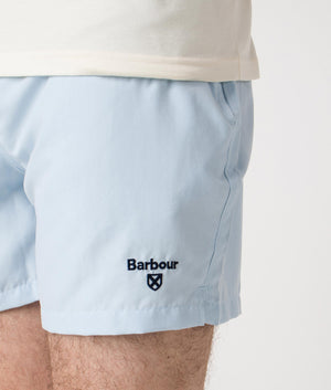 Staple Logo 5' Swim Shorts. Shot by EQVVS. Side detail shot.
