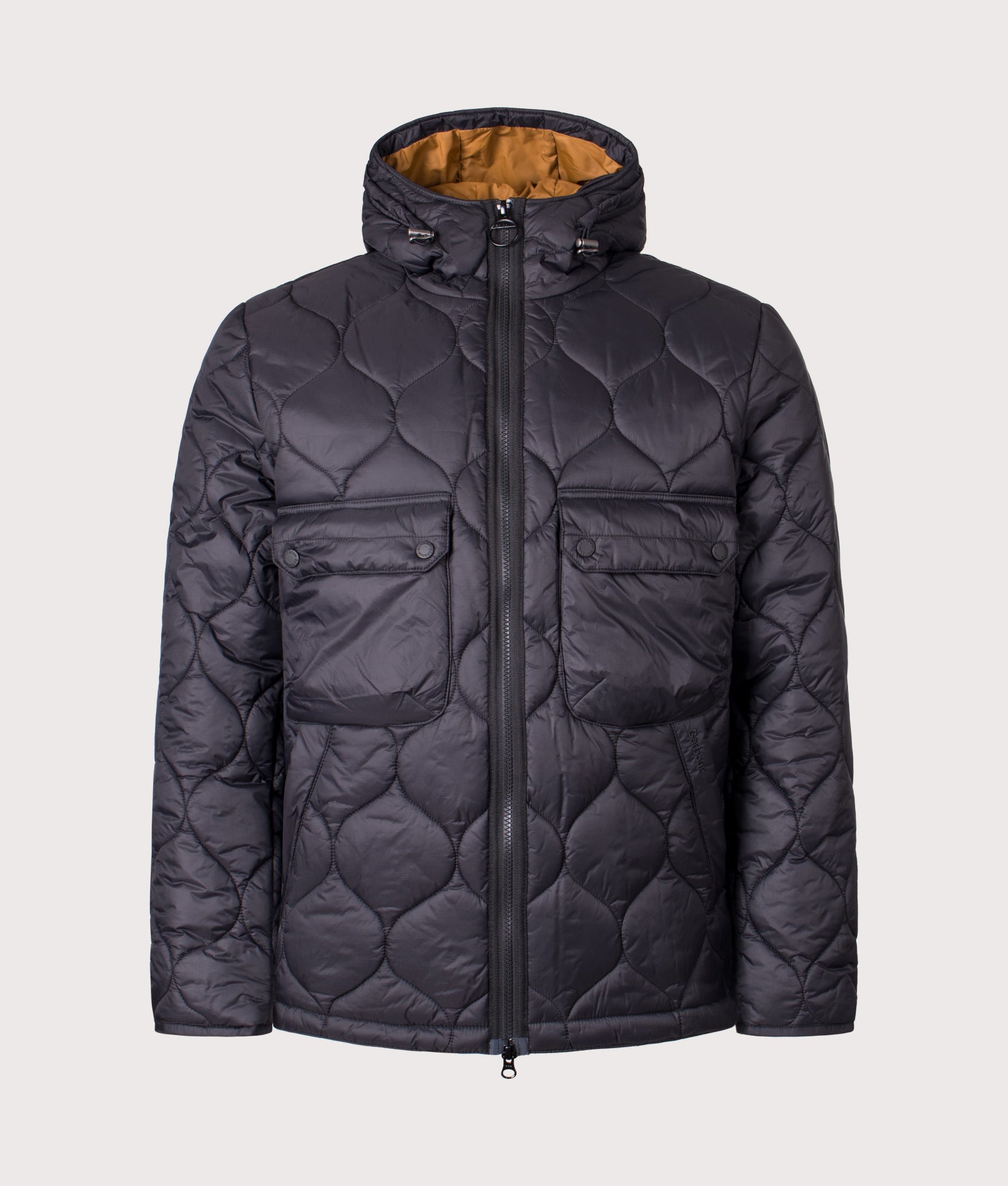 Re-Engineered Hooded Spey Quilted Jacket in Black | Barbour Lifestyle | Shot at EQVVS | Front shot 