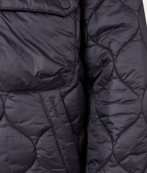 Re-Engineered Hooded Spey Quilted Jacket in Black | Barbour Lifestyle | Shot at EQVVS | Front detail shot