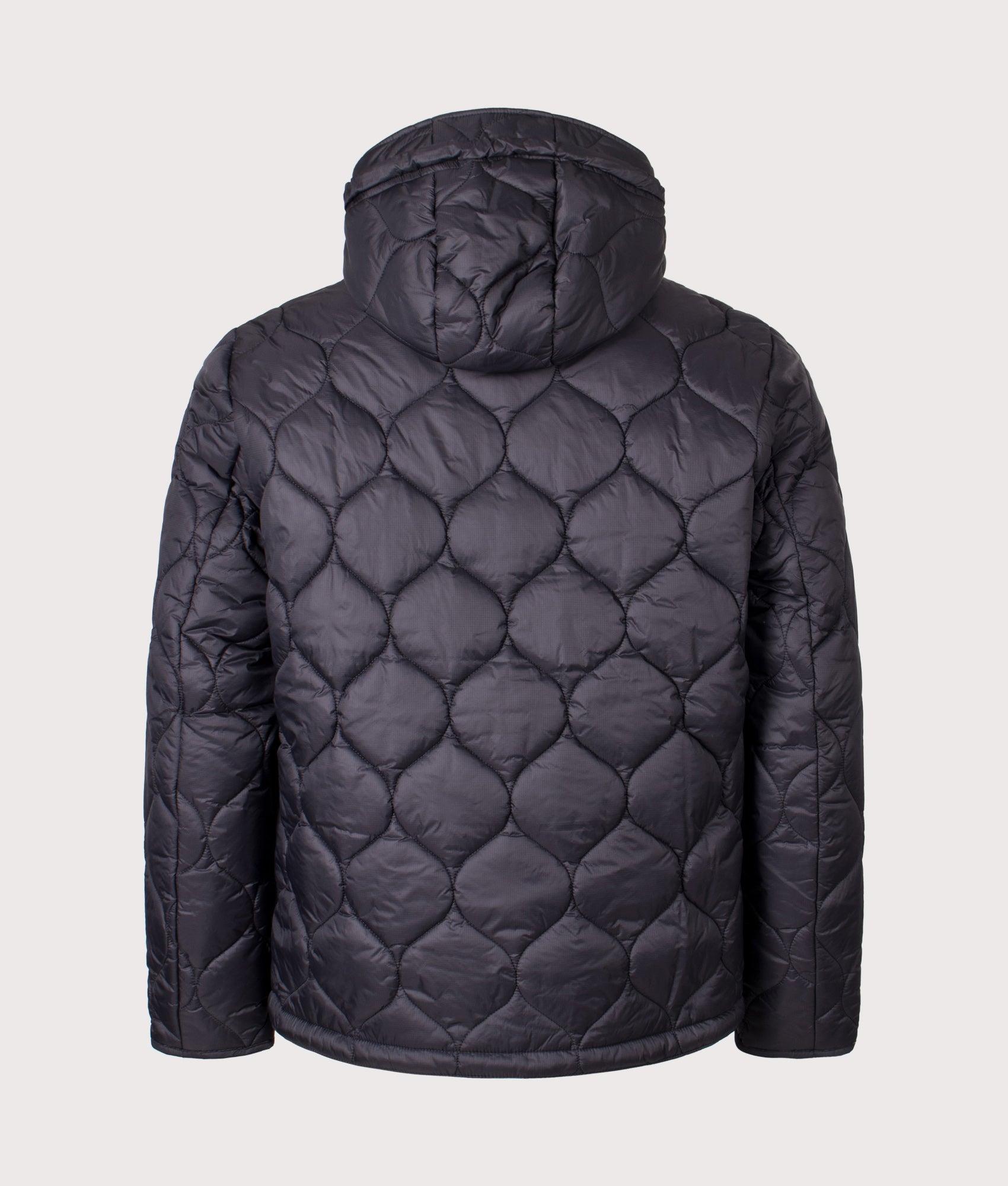Re-Engineered Hooded Spey Quilted Jacket in Black | Barbour Lifestyle | Shot at EQVVS | Back shot 