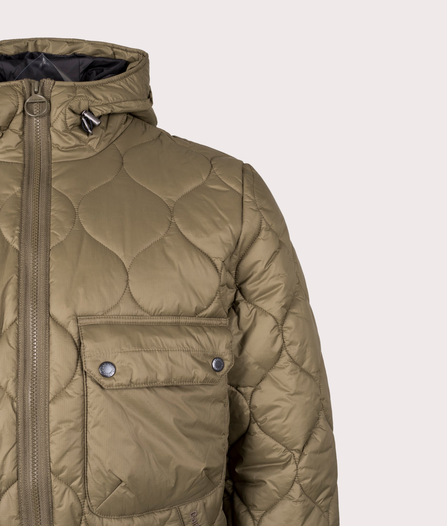 Re-Engineered Hooded Spey Quilted Jacket by Barbour in Beech. Shot by EQVVS. Detail shot.