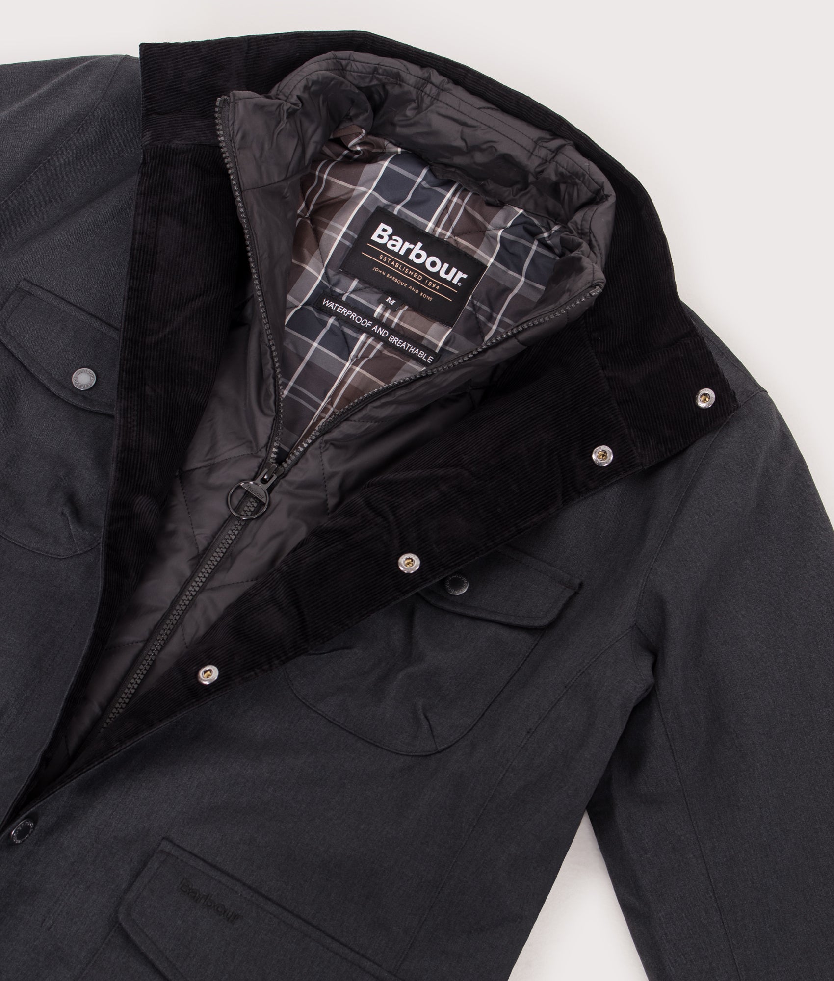 Winter Ogston Waterproof Jacket in Black | Barbour Lifestyle | EQVVS | Open collar shot 
