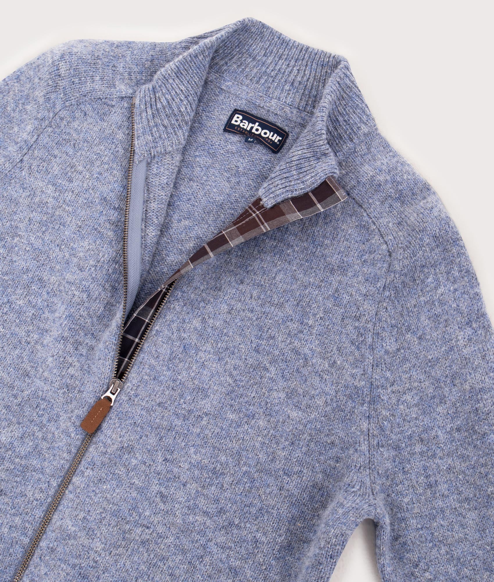 Talder Zip Through Jumper in Blue Stone | 100% Lambswool | Barbour Lifestyle | EQVVS | Open collar shot 